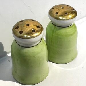 Vintage Nippon Green and Gold Mini Salt and Pepper Shakers